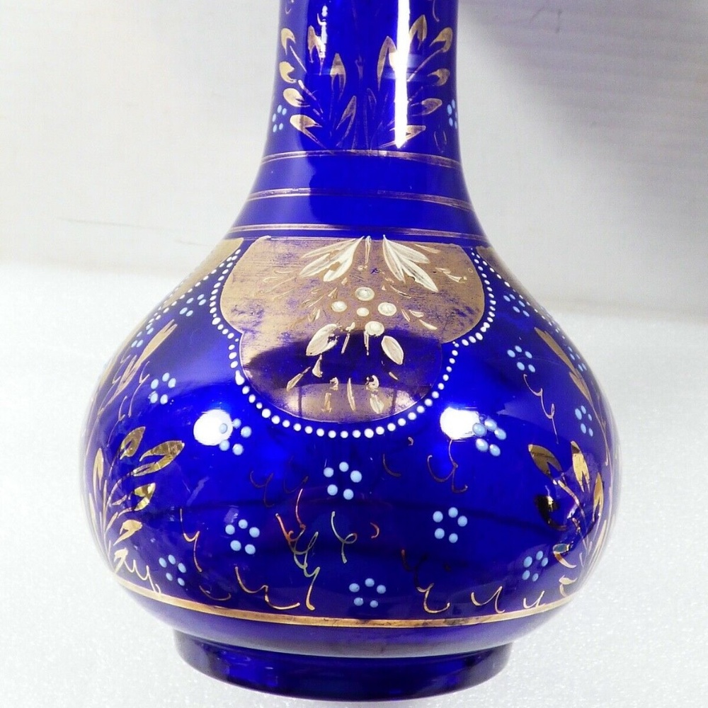 Vintage Cobalt Blue Glass Vase Bottle Gold Floral Design 7.75" Tall